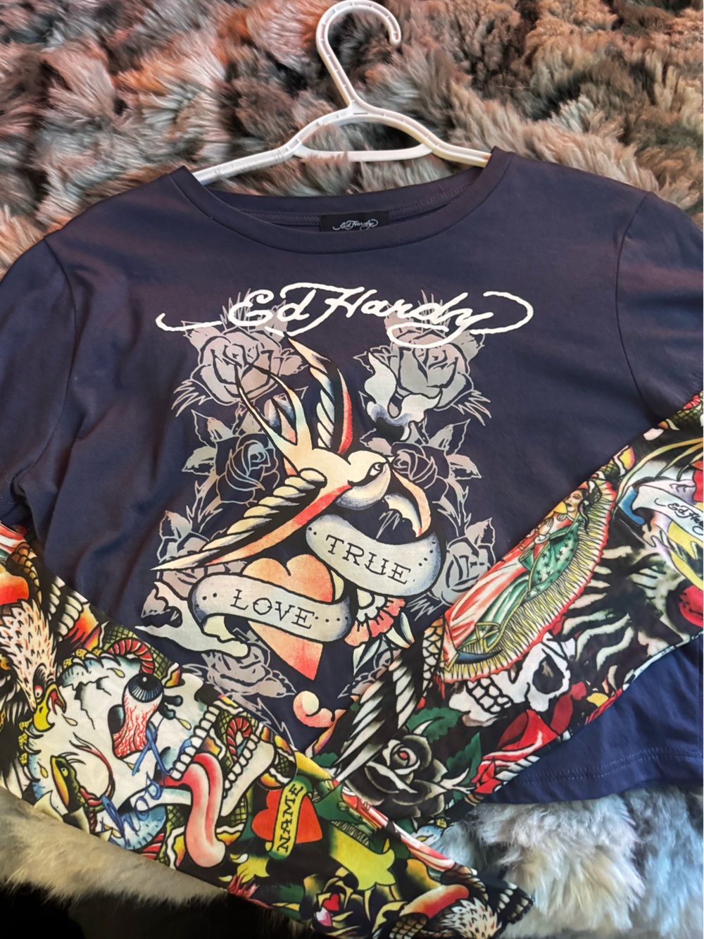 Ed Hardy Navy Cropped Tee with Multicolor Tattoo Sleeves